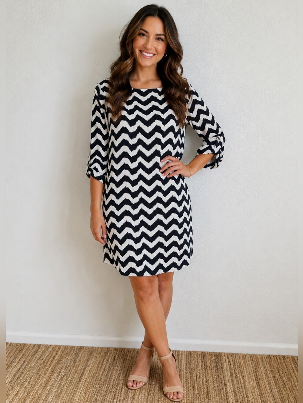 Charming Charlie Black & White Chevron Shift Dress, Size Small
